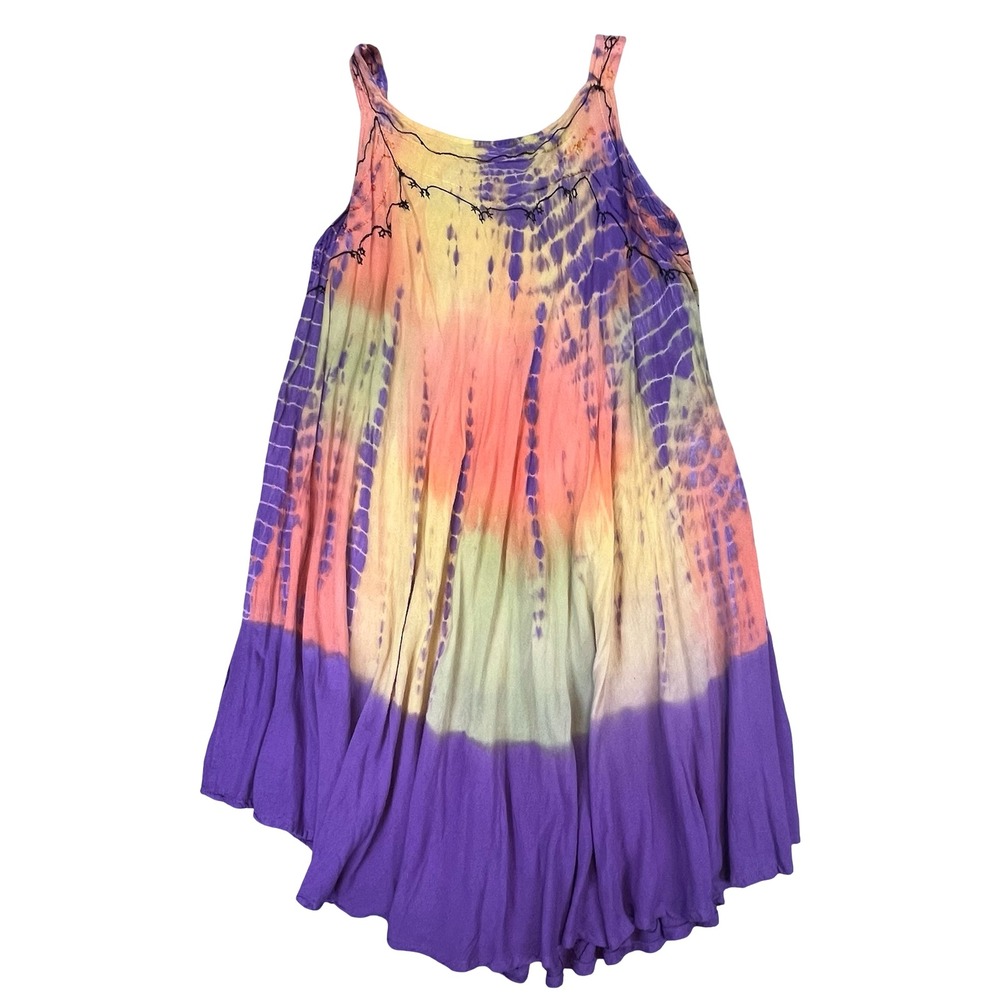 Henna Womens Midi Dress Multi Tie Dye Embroidered Boho Festival Hippie OS